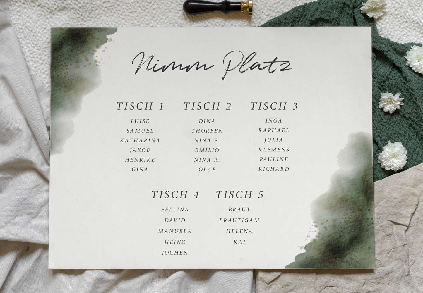 Sitzplan-Schild zur Hochzeit im Design 'Moosgrünes Aquarell'